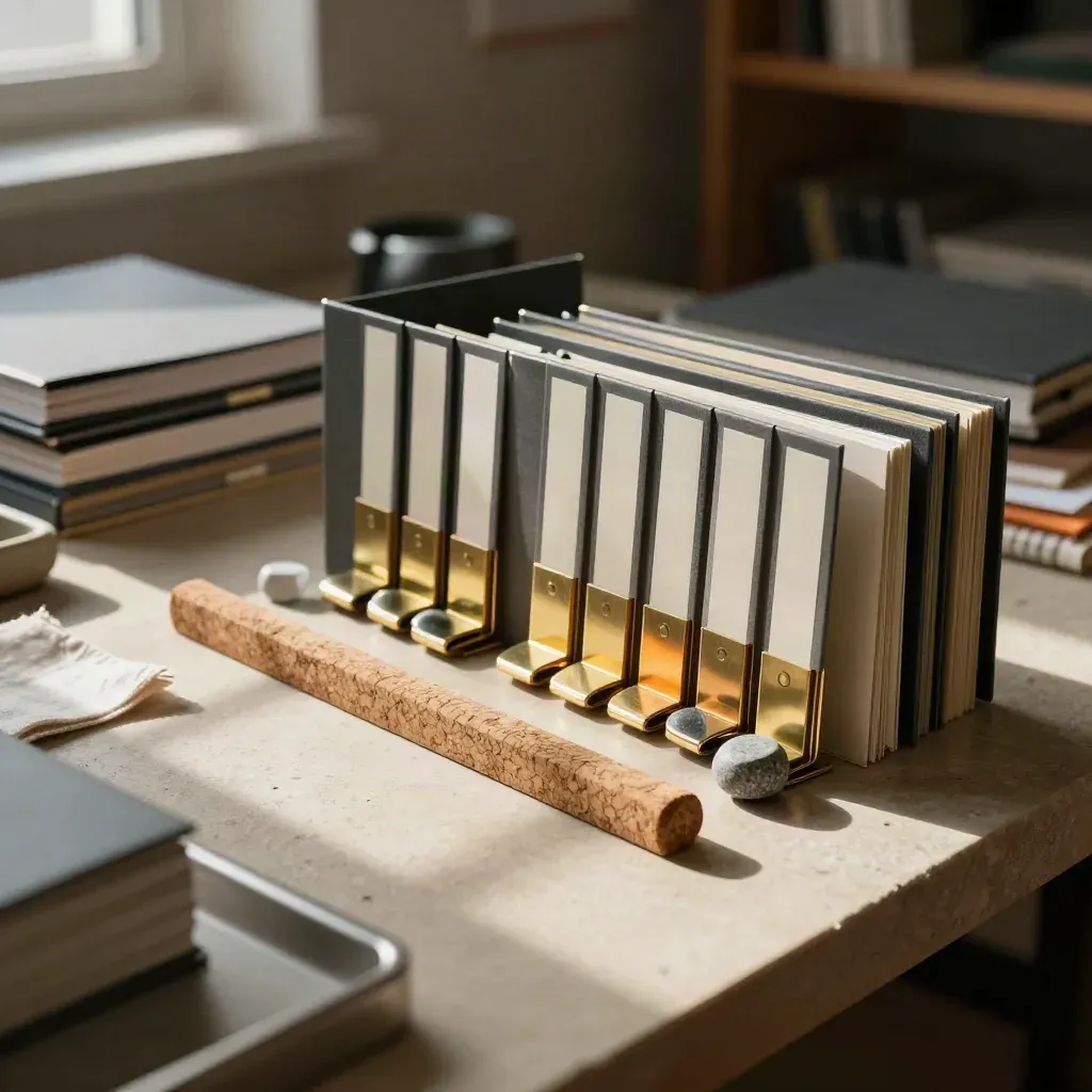 Graphite binders, brass clips, and milestone markers on a stone workbench in warm window light.