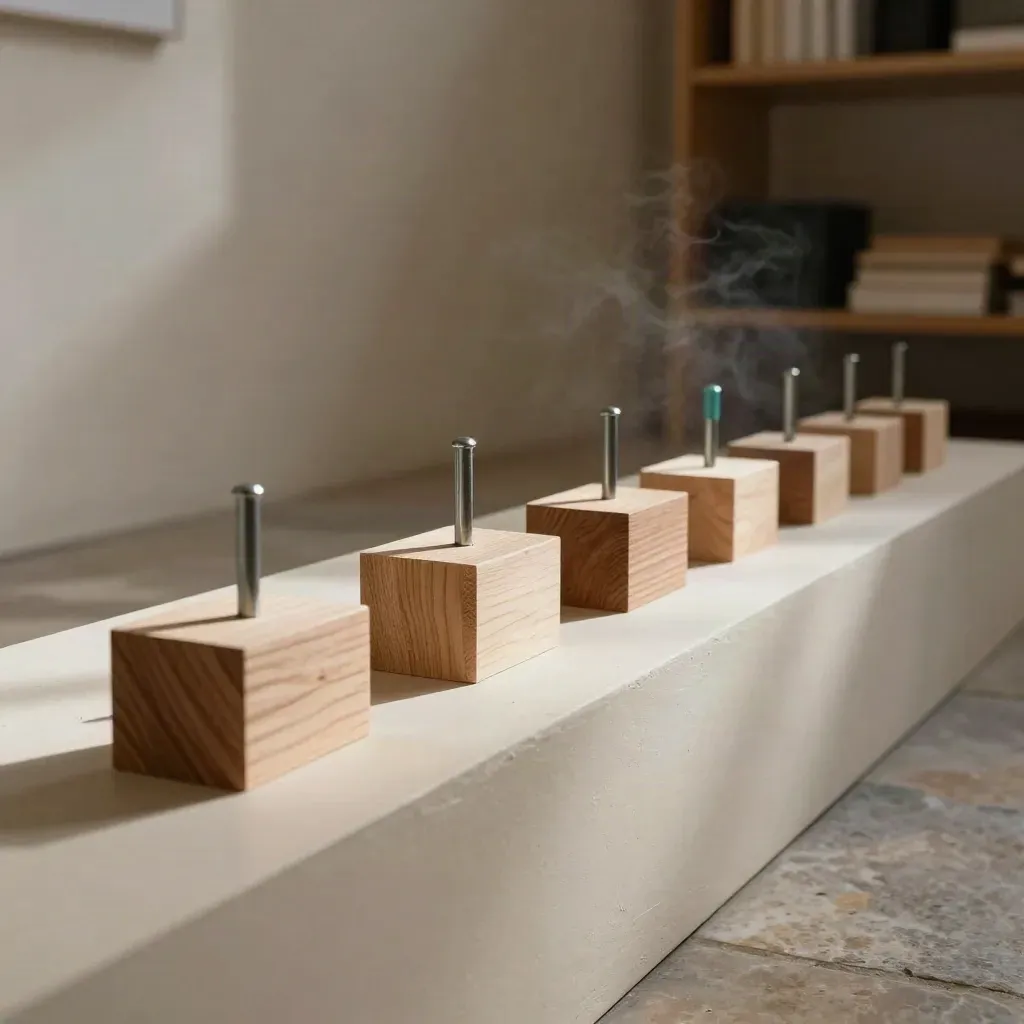 Wood blocks and steel pegs tracing a milestone timeline on a pale plaster ledge.