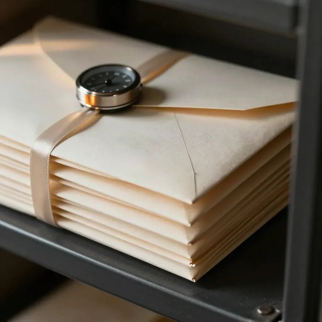 Sealed cream update envelopes, ribbon tab and desk clock on a black steel shelf, softly lit