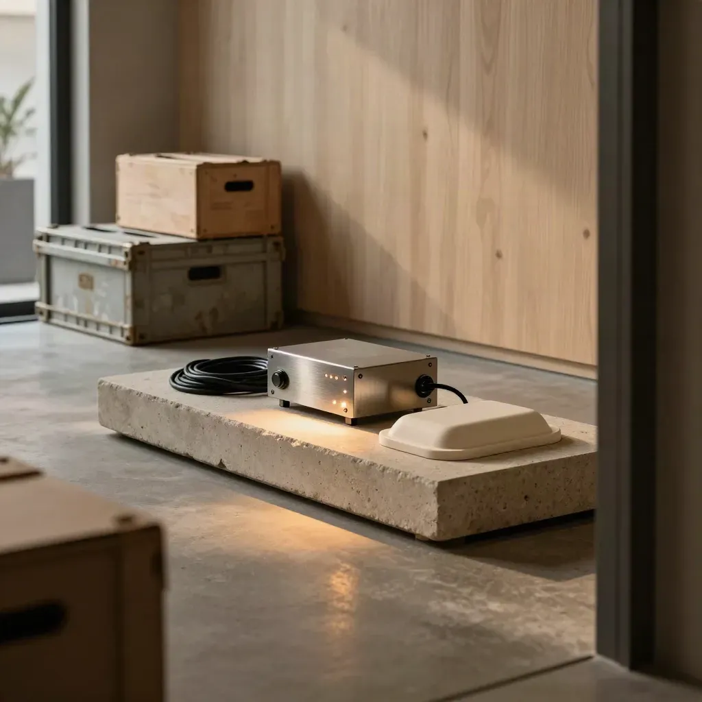 Prototype launch room with glowing device, shipping crates, and warm window light