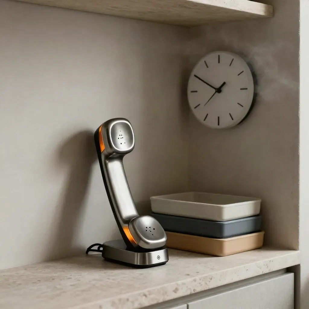 Minimal command corner with clock, trays, and handset on a pale stone ledge.