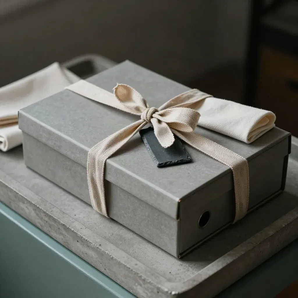 Archive box, linen ribbon, slate marker and folded cloth on a concrete tray with soft teal accent