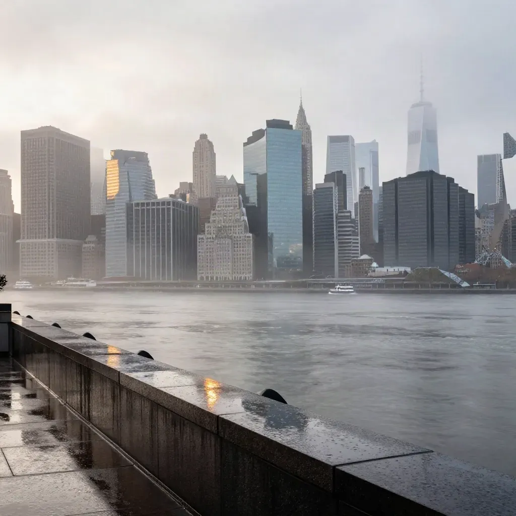 Manhattan skyline rises through morning fog above a wet rooftop parapet and calm river mist.