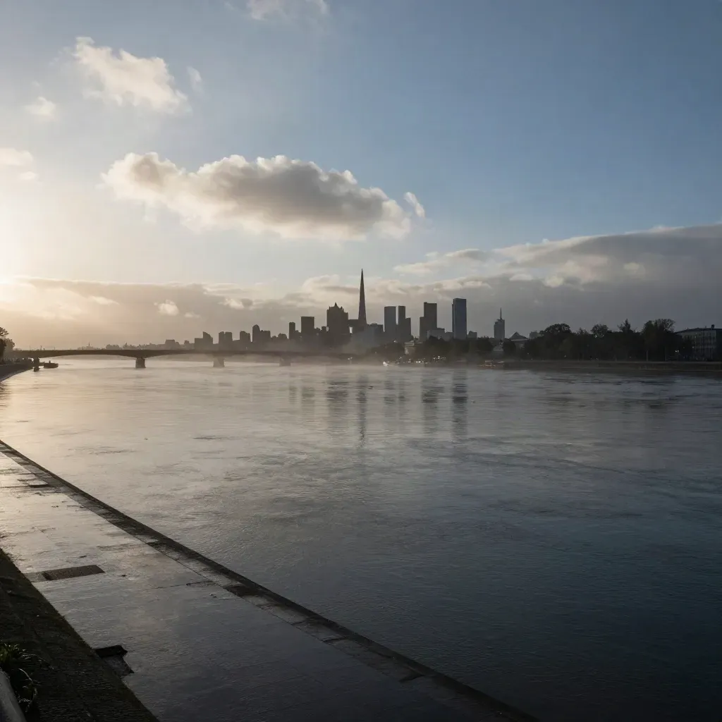 Wet riverfront skyline with bridges and tower silhouettes above a calm dark foreground